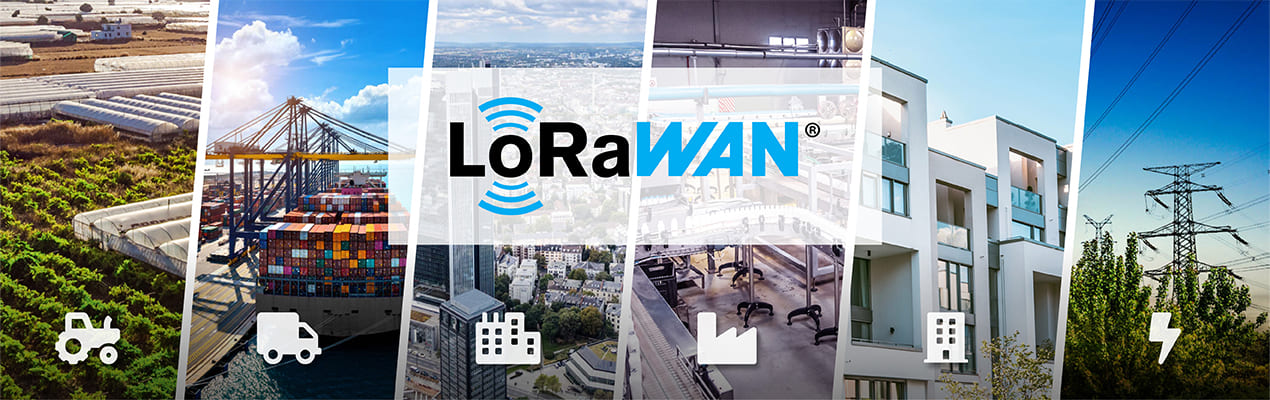 Ilustración de las posibles áreas de aplicación de los sensores LoRaWAN: Agricultura inteligente, Logística inteligente, Ciudades inteligentes, Edificios inteligentes, Industria inteligente, Infraestructura inteligente.